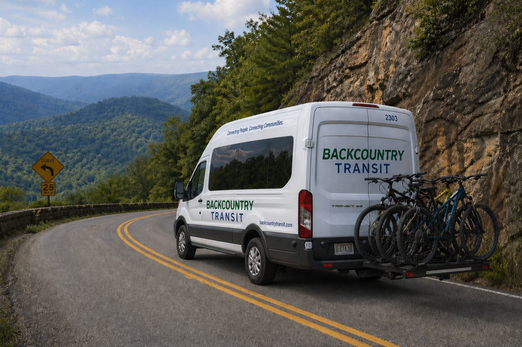 Backcountry Transit shuttle van carrying bicycles on an Alabama mountain road